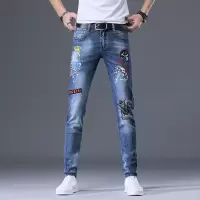 策恩公牛牛仔裤男潮牌男士休闲裤刺绣印花青年潮流时尚修身男式韩版裤