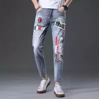 策恩公牛九分牛仔裤男装潮流破洞男式小脚裤子街潮时尚印花弹力修身韩版裤