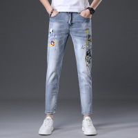 策恩公牛弹力九分牛仔裤男装潮流破洞街潮时尚印花男式休闲韩版修身小脚裤