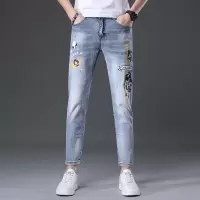策恩公牛弹力九分牛仔裤男装潮流破洞街潮时尚印花男式休闲韩版修身小脚裤