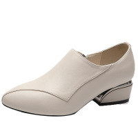 策霸深口单鞋2020新款真皮女鞋秋季尖头粗跟侧拉链小皮鞋韩版牛皮女鞋