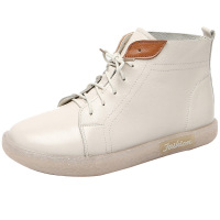 策霸真皮马丁靴女2020秋季新款平跟圆头小短靴 韩版大码头层牛皮靴子