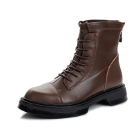 策霸2020新款靴子女短英伦风厚底粗跟真皮马丁靴女休闲中筒女鞋