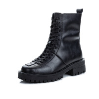 策霸真皮女鞋2020新款休闲中筒加绒短靴子女英伦风复古马丁靴女