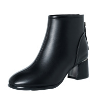 策霸头层牛皮切尔西靴简约真皮女鞋粗跟5cm高跟靴2020秋冬新款小皮靴