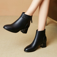策霸切尔西靴女圆头5cm中跟真皮女鞋女靴头层牛皮橡胶底粗跟低筒靴