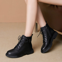 策霸头层牛皮马丁靴女秋冬真皮短靴圆头皮带扣系带英伦风低筒粗跟女靴
