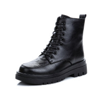 策霸真皮秋冬女鞋英伦风复古中筒马丁靴女休闲系带短靴子