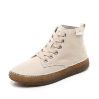 策霸真皮休闲靴子女秋冬新款白色短靴女系带百搭高帮鞋牛筋底软底女鞋