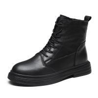 策霸真皮短靴女平跟侧拉链百搭英伦风马丁靴女系带头层牛皮二棉靴子女