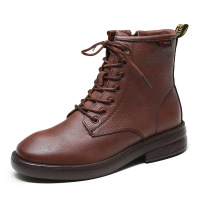 策霸真皮马丁靴女复古手工头层牛皮靴子女2020秋冬新款低跟短靴女