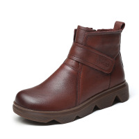 策霸【推荐】复古真皮厚底短靴女2020冬季新款魔术贴靴子女