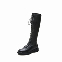 策霸秋冬真皮加绒长筒女皮靴英伦风高帮骑士马丁靴女圆头弹力脚瘦女靴