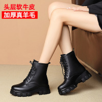 策霸2020冬季头层牛皮马丁靴女加绒厚绒羊毛内里真皮女靴粗跟时装靴
