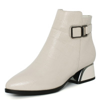 策霸2020粗跟侧拉链马丁靴冬季米白色女短靴低筒尖头纯色保暖时装靴