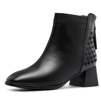 策霸切尔西靴女2020新款冬季加绒加厚短靴黑色头层牛皮方头中跟靴子