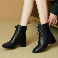 策霸2020年秋冬季新款系带马丁靴纯色低筒方根女靴英伦风拉链短筒靴