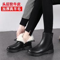 策霸秋冬季加厚羊毛靴低筒纯色坡跟头层牛皮平底黑色保暖马丁靴