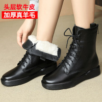 策霸秋冬季加厚羊毛靴纯色系带粗跟马丁靴低筒欧美风黑色马丁靴