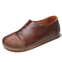 策霸拼色平底手工真皮女鞋2021春季复古新款套脚单鞋舒适软底奶奶鞋