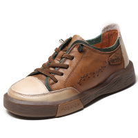 策霸手工真皮女鞋打孔松紧带透气低帮复古拼色单鞋女2021春季新款