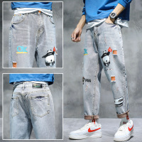 新款中国制造字母印花图案新潮牛仔裤男青少年宽松熊猫男长裤