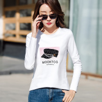 白色T恤女长袖2021早春新款艺术印花显瘦棉t桖上衣