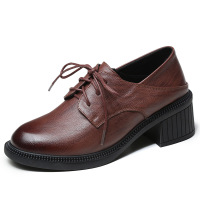 策霸【推荐】个性擦色牛皮春季粗跟单鞋女复古系带中跟真皮女鞋