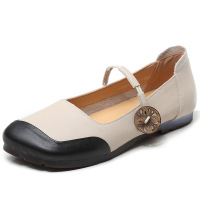 策霸浅口真皮时尚拼色一字带文艺复古女士单鞋