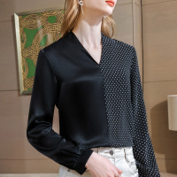雪纺衫女春装2021年新款女装醋酸拼接波点洋气小衫v领长袖上衣