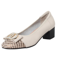 尖头纯色浅口粗高跟妈妈鞋单鞋春款大码舒适真皮女鞋