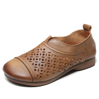 镂空单鞋女复古手工真皮女鞋2021春夏新款平跟软底舒适妈妈鞋透气