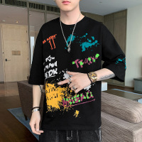 春季新款男士五分袖T恤涂鸦个性艺术圆领套头青少年学生潮流上衣