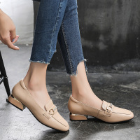 女单鞋 新款2021粗跟真皮马衔扣一脚蹬女鞋春季小皮鞋女