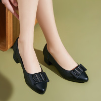 粗跟单鞋女2021春季新款浅口真皮夏季小皮鞋一脚蹬黑色工作鞋