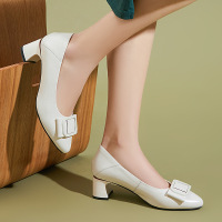 粗跟高跟鞋女2021年春季新款尖头浅口方扣女式单鞋女中跟