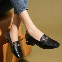 鞋子女2021新款春季真皮粗跟单鞋女一脚蹬软皮软底舒适豆豆鞋