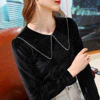 打底衫女春款女装2021年新款亮泽丝绒长袖T恤内搭娃娃领撞色上衣