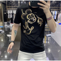 夏季新款印花T恤欧美潮流男士修身圆领丝光棉短袖T恤男装半袖上衣