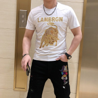2021夏季新款潮牌时尚ins金牛烫钻刺绣圆领丝光棉男士修身短袖T恤