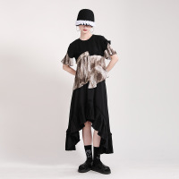 Ceba2021夏季新款设计感不规则风琴褶雪纺衫 撞色不规则圆领上衣潮搭