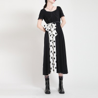 Ceba2021自制黑白波点收腰蝴蝶结连衣裙中长款短袖法式连衣裙