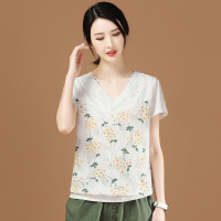 CebaV领白色短袖T恤打底衫2021年夏季新款女印花蕾丝拼接上衣