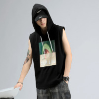 男装#夏季新款牛油果印花连帽背心男ins潮流宽松无袖坎肩体恤