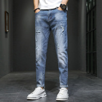 夏季牛仔裤男浅蓝韩版潮流修身小脚潮牌弹力男裤子款休闲破洞长裤