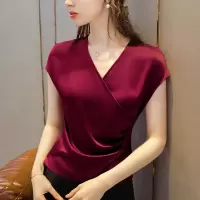 醋酸短袖T恤女2021夏季新款女装交叉v领缎面雪纺衫气质女神范上衣