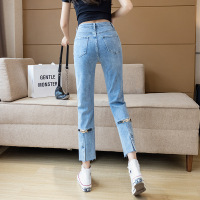 2021新款高腰牛仔裤女弹力修身显瘦后装饰小直筒裤实体好质量