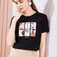 衣服女新款女装圆领短袖T恤女印花纯手工钉珠工艺上衣短袖女