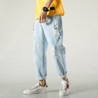 夏季薄款破洞牛仔裤男宽松直筒坠感九分裤潮流刮烂港风九分裤潮牌