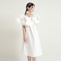 2021夏新款一字领双层荷叶边露肩开叉连衣裙女立体装饰长款连衣裙